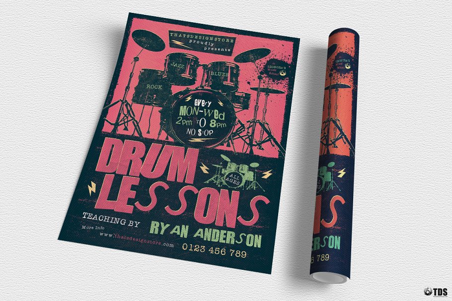 架子鼓培训宣传海报PSD模板 Drum Lessons Flyer PSD V2插图(2)