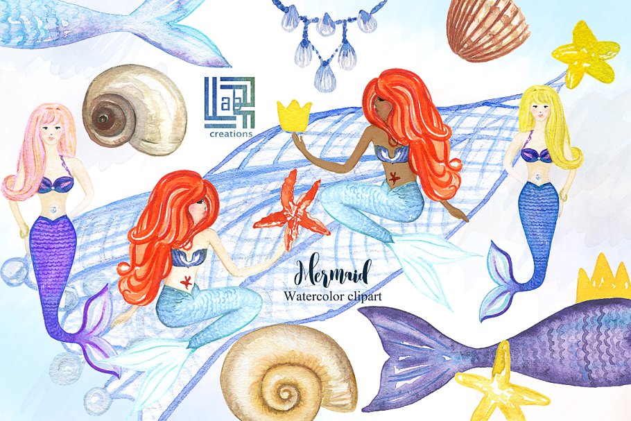 美人鱼与海水彩剪贴画 Mermaid sea. watercolor clipart插图5