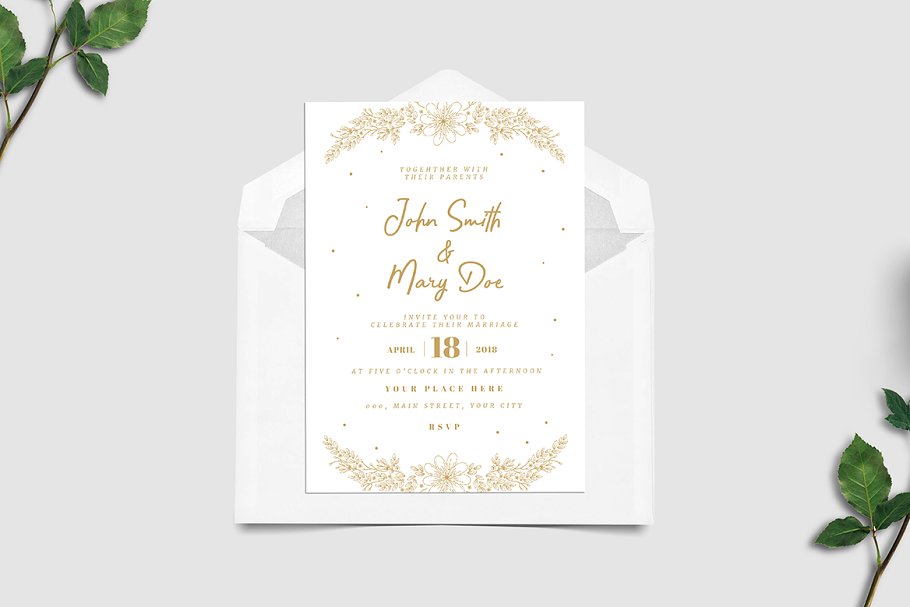 优雅奢华的金色调花卉婚礼邀请函模板套装 Gold Floral Wedding Invitation插图(1)