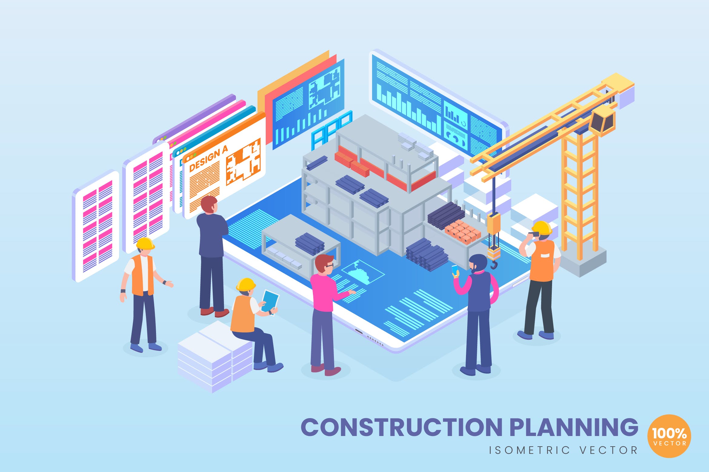 施工规划主题等距概念矢量插画素材 Isometric Construction Planning Vector Concept插图