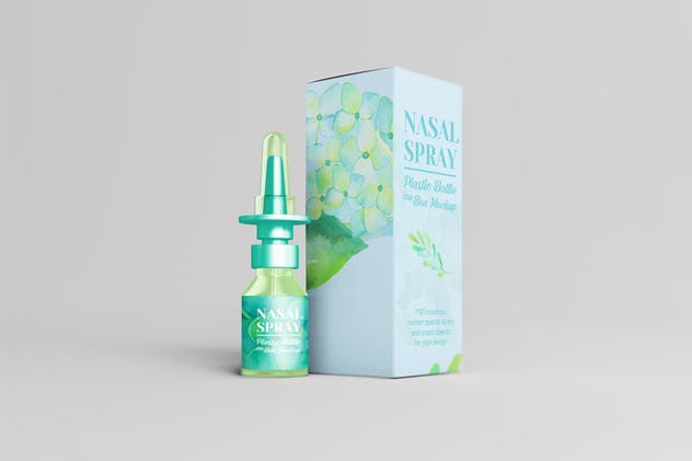 滴鼻瓶外观及包装设计样机模板 Nasal Spray Clear Bottle With Box Mockup插图(9)