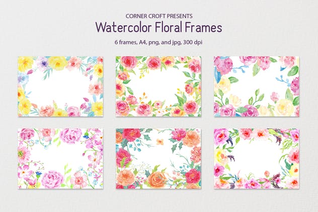黄色&粉红色水彩花卉框架套装 Watercolor floral frame yellow and pink插图1