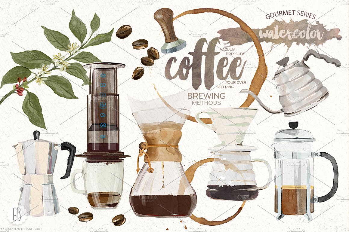 水彩设计风格咖啡主题插画 Watercolor coffee brewing methods插图