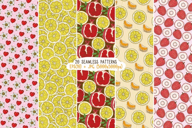 20款手绘水果图案无缝纹理第二波 Fruits Seamless Patterns Set插图(3)