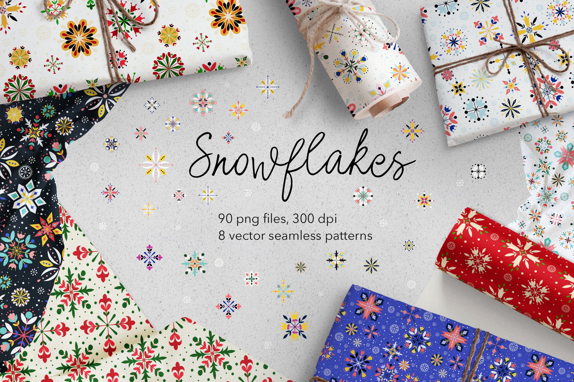 彩色手绘雪花图案纹样节日背景素材 Snowflakes插图