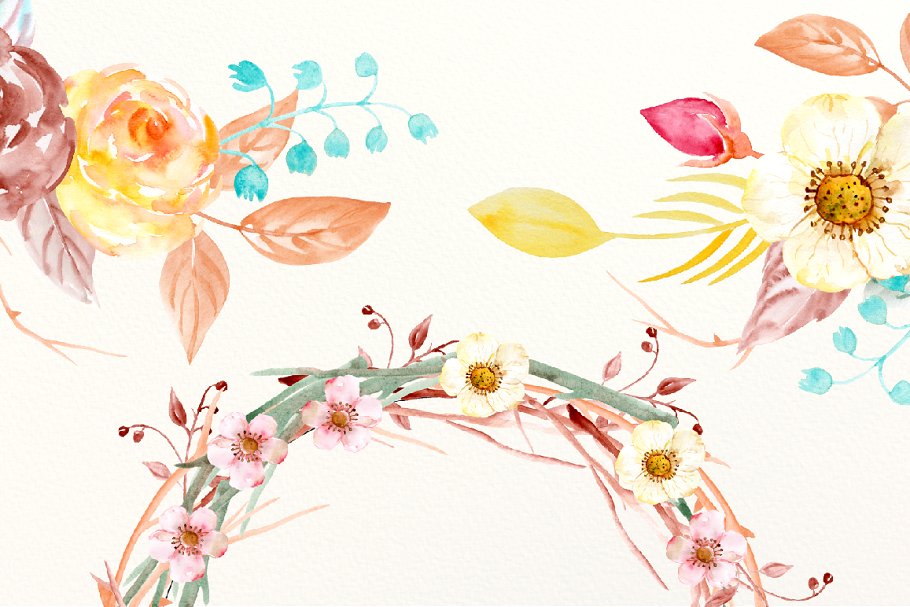 秋季氛围水彩插花花环装饰素材 Watercolor Fall Floral Arrangements插图1