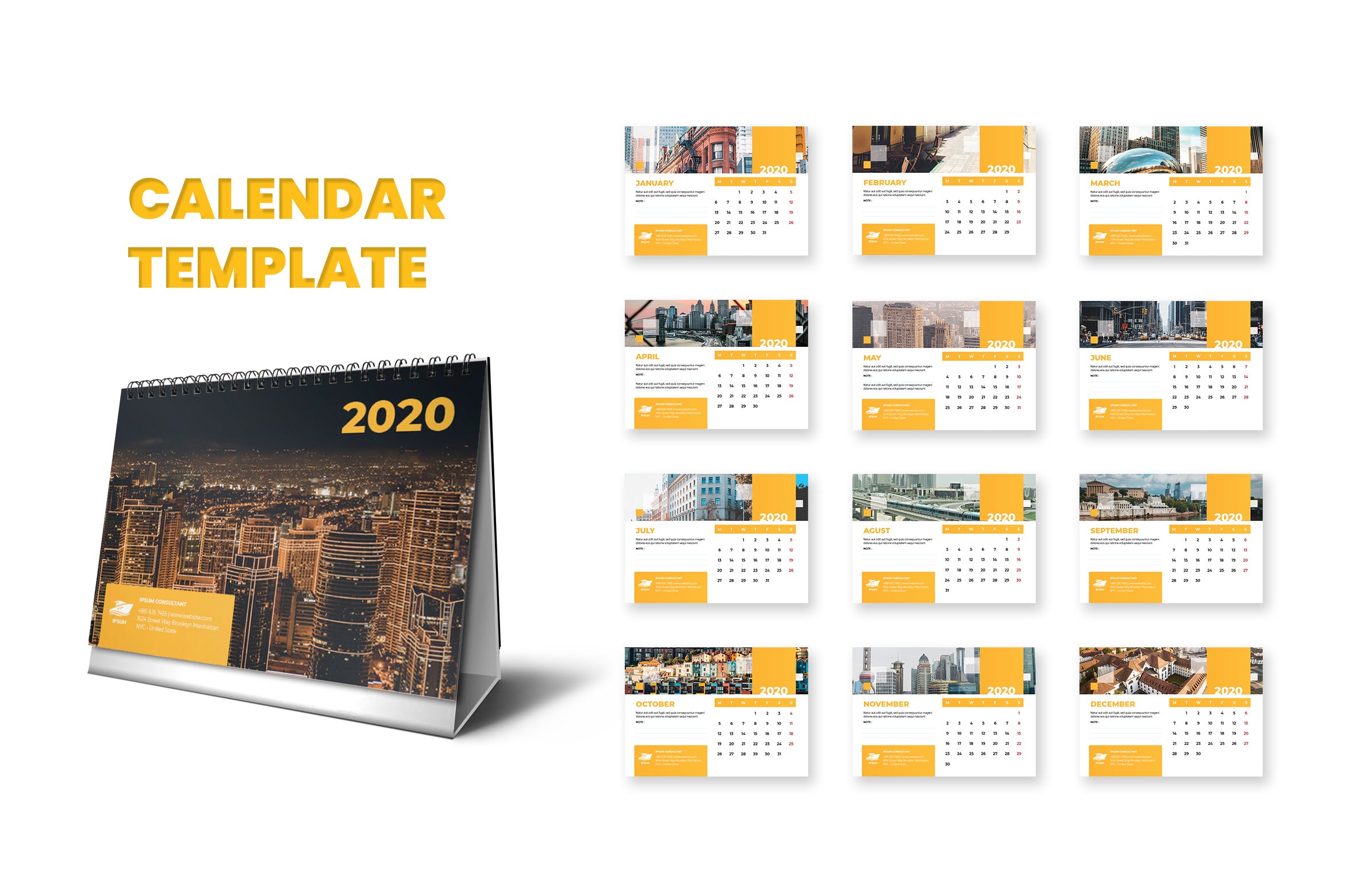 世界建筑主题2020年活页台历日历表模板 Calendar 2020插图