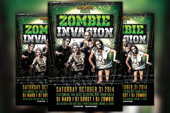 恐怖僵尸入侵万圣节活动传单模板 Zombie Invasion Halloween Flyer插图