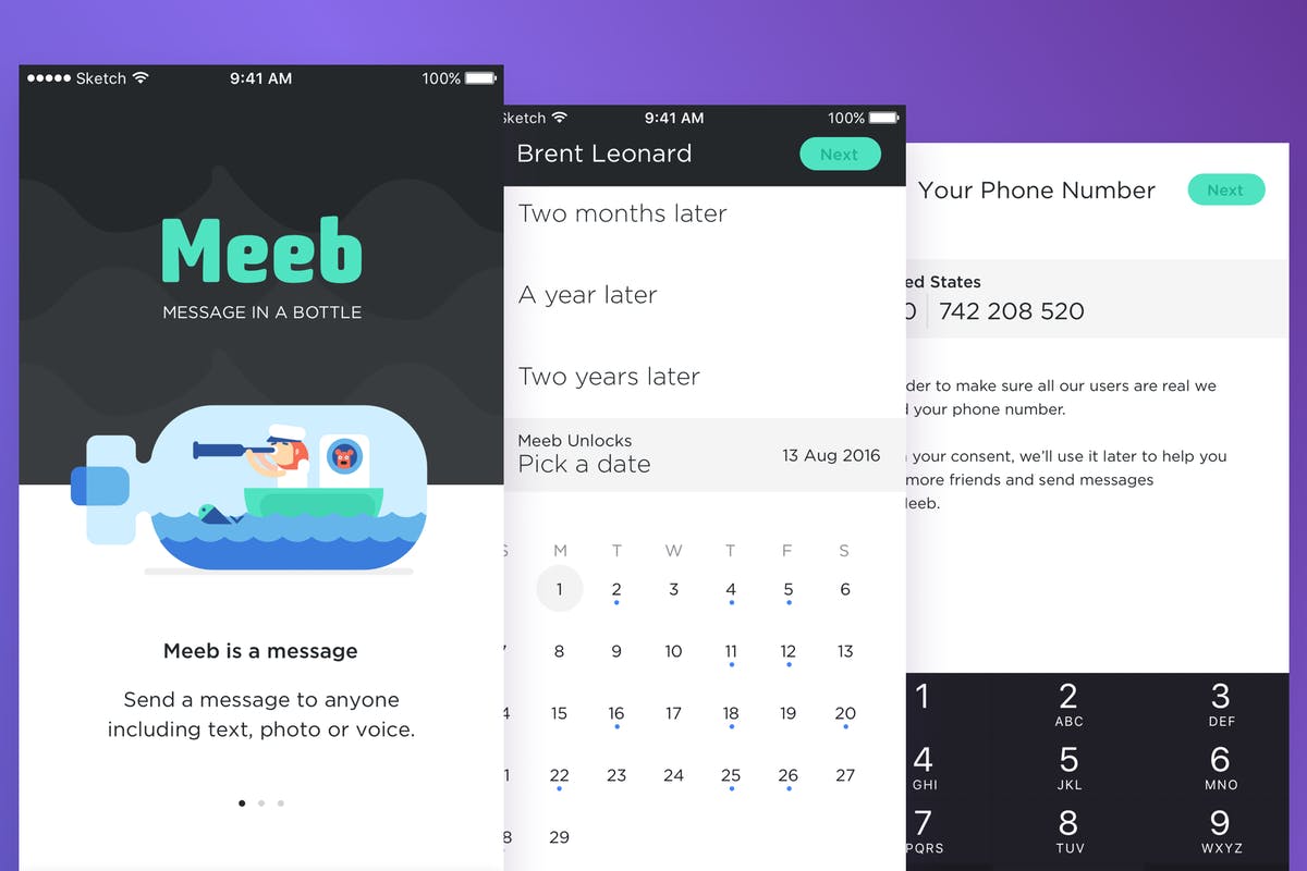 创意SMS信息管理手机APP应用UI模板 Meeb – Message In Bottle App UI KIT插图