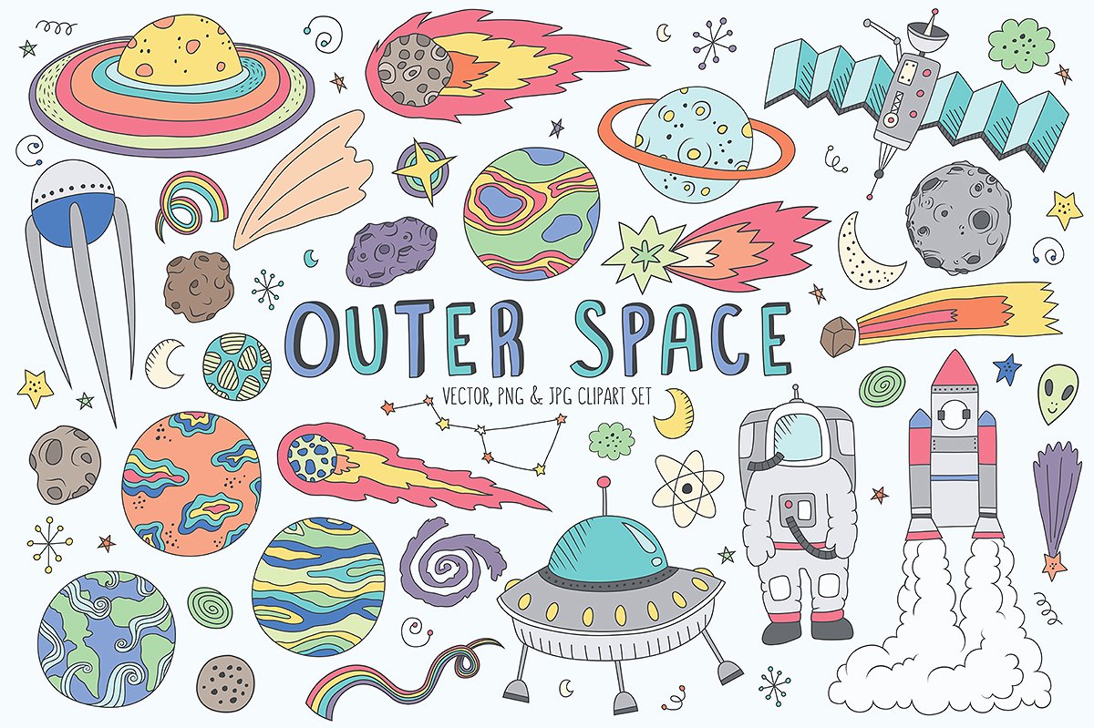 可爱太空手绘涂鸦设计元素 Space Doodles Cute Clip Art Set插图