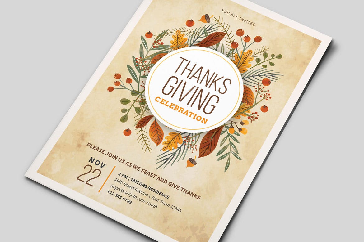 手绘花卉装饰设计风格感恩节主题海报传单模板 Thanksgiving Flyers 2018插图(3)