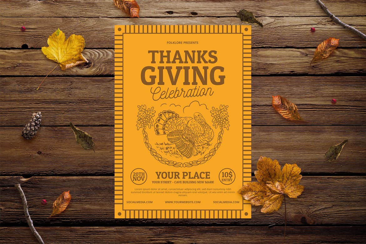 复古设计风格感恩节活动邀请海报设计模板 Vintage Thanksgiving Invitation插图(1)