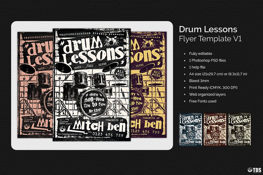 架子鼓演奏乐队表演宣传PSD模板V1 Drum Lessons Flyer PSD V1插图(2)