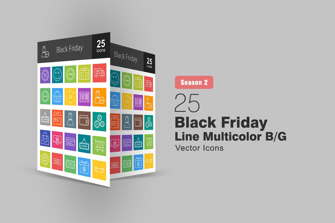 25个黑色星期五主题彩色线性图标 25 Black Friday Line Multicolor B/G Icons插图