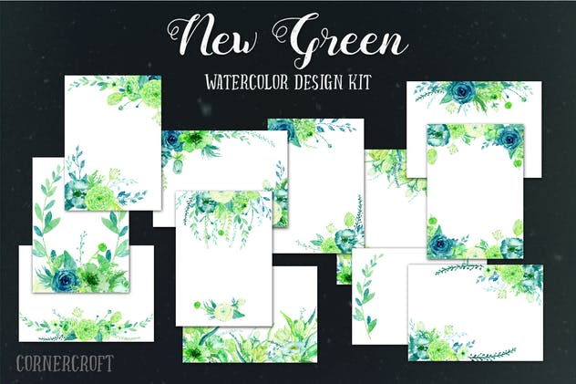 新绿色水彩主题设计插图套装 Watercolor Design Kit New Green插图(4)