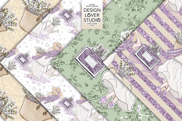 薰衣草少女主题礼品包装纸张图案纹理套装 Lavender Girl digital paper pack插图(3)