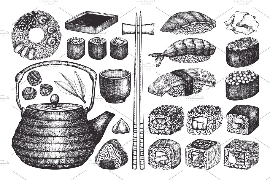 寿司&海鲜矢量插画素材 Vector Sushi & Seafood Set插图1