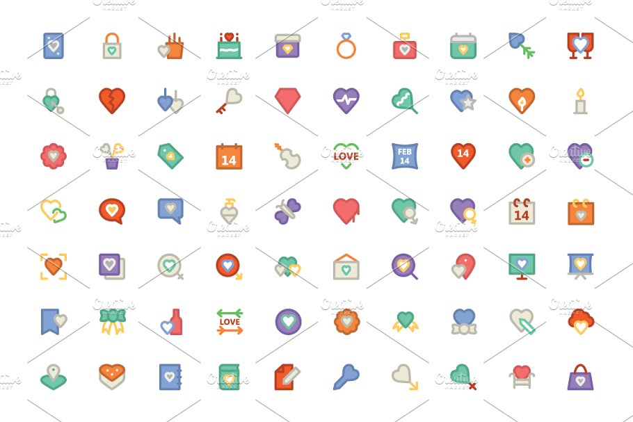250个爱情和浪漫元素的彩色图标集合  250 Love and Romance Colored Icons插图(1)