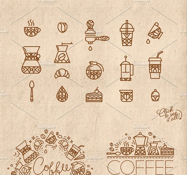 咖啡主题扁平化手绘线条图标插画 Coffee flat icons插图(1)