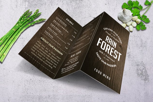 复古木纹三折页食物菜单设计模板 Rain Forest Trifold A4 & US Letter Menu插图5