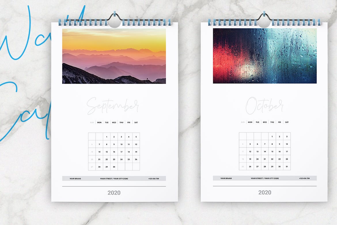 2020年风景照片挂墙活页日历设计模板 Wall Calendar 2020 Layout插图5