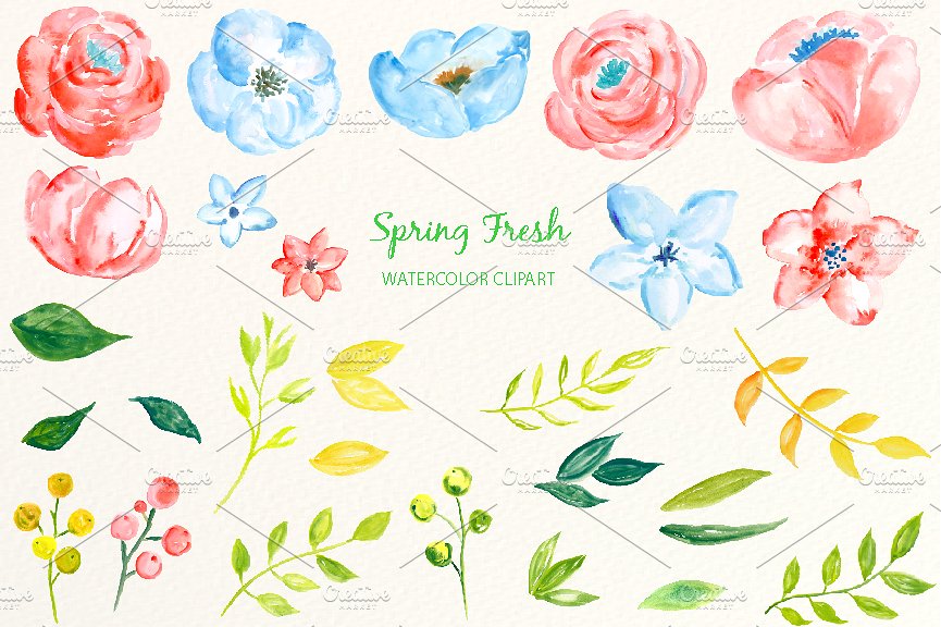 春季新鲜蓝粉色系水彩花卉插画 Watercolor Clipart Spring Fresh插图(1)