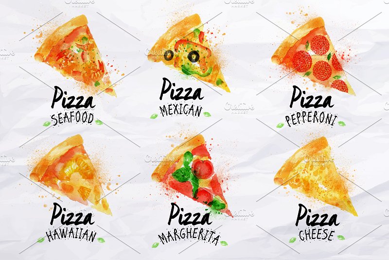 手工绘制的水彩污渍披萨插图合集 Pizza watercolor set插图(1)