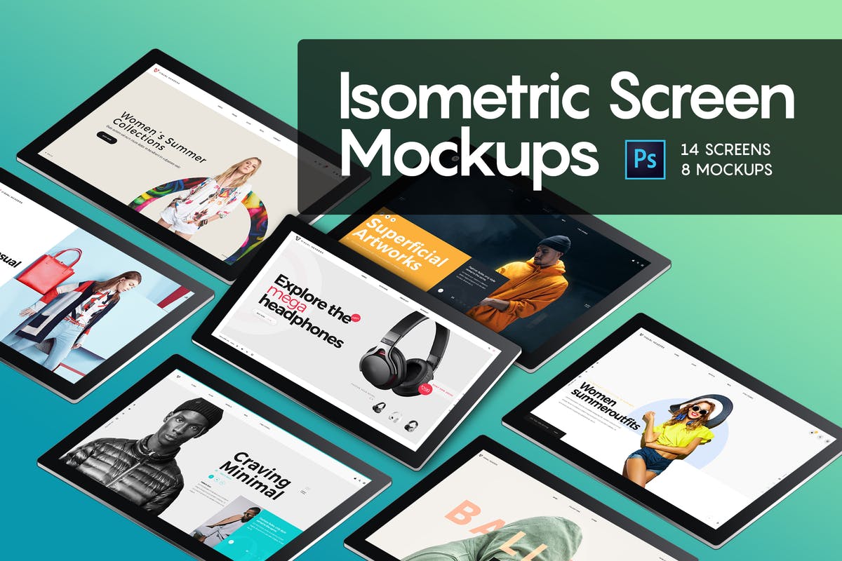 网页设计等距平板电脑屏幕样机 Isometric Screen Mockup插图
