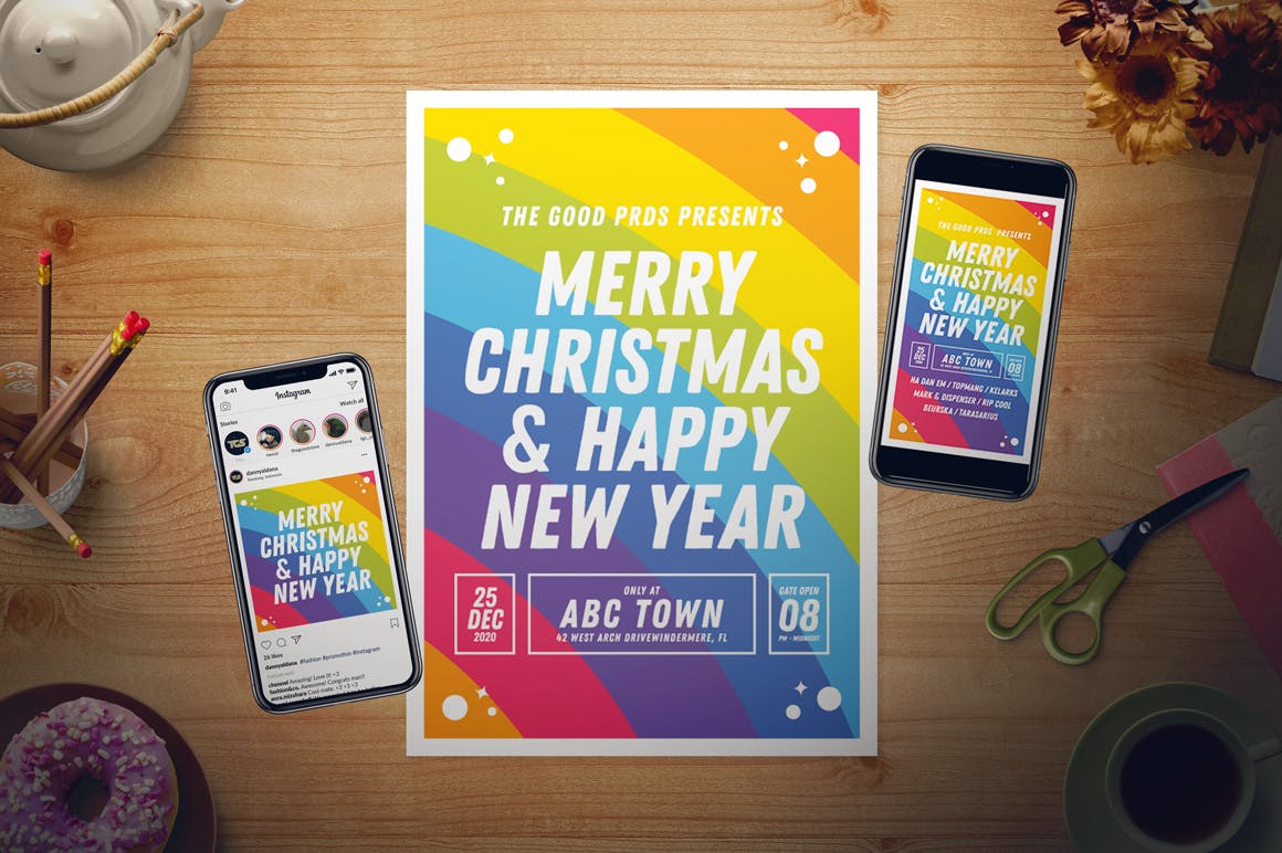 手绘彩虹色新年主题海报传单设计模板 Rainbow New Year Flyer Set插图(1)