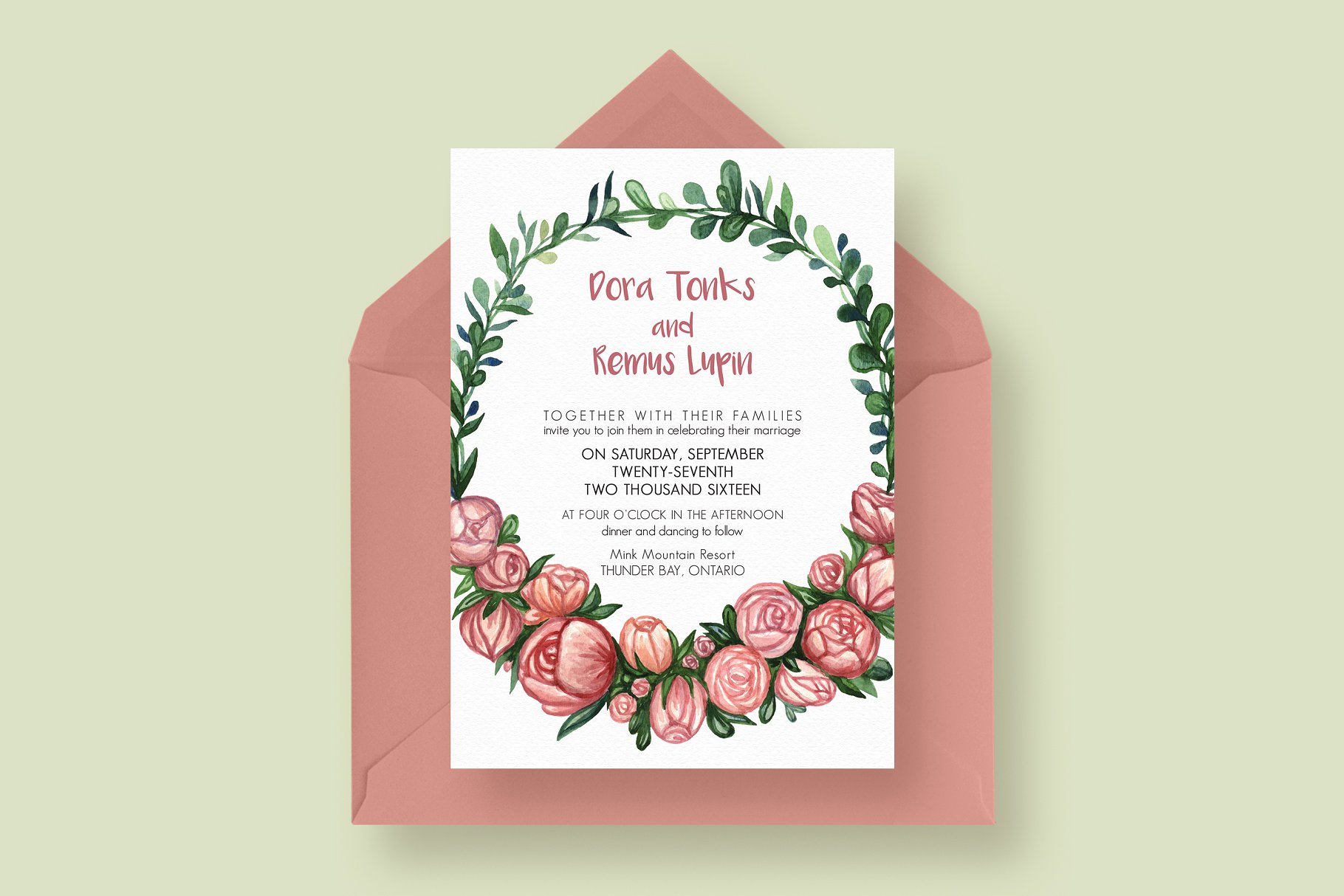 花卉元素婚礼邀请函模板设计套装 Flower Wreath Wedding Suite插图1