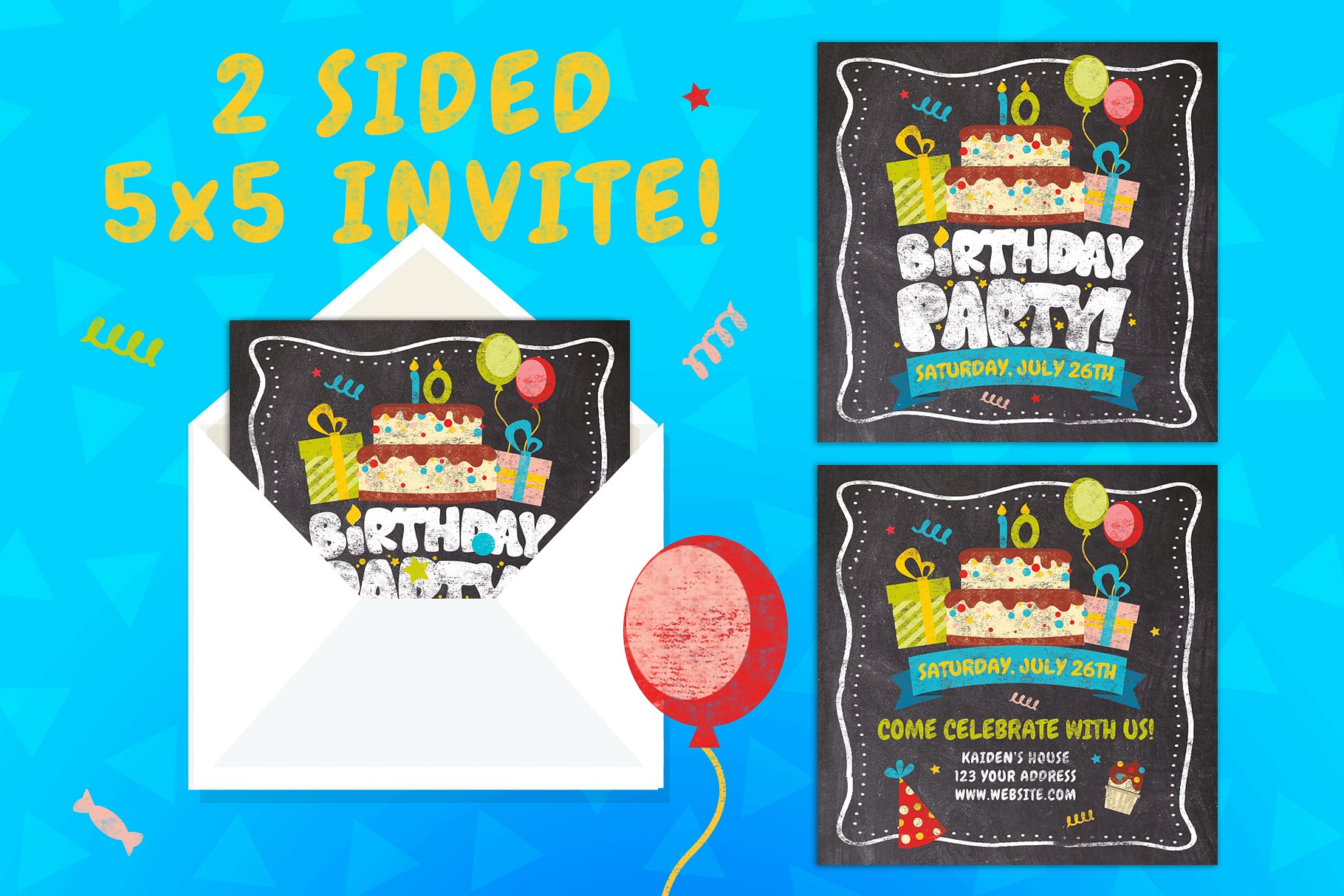 粉笔效果的生日派对海报模板 Chalk Birthday Party Flyer Bundle [psd]插图(1)