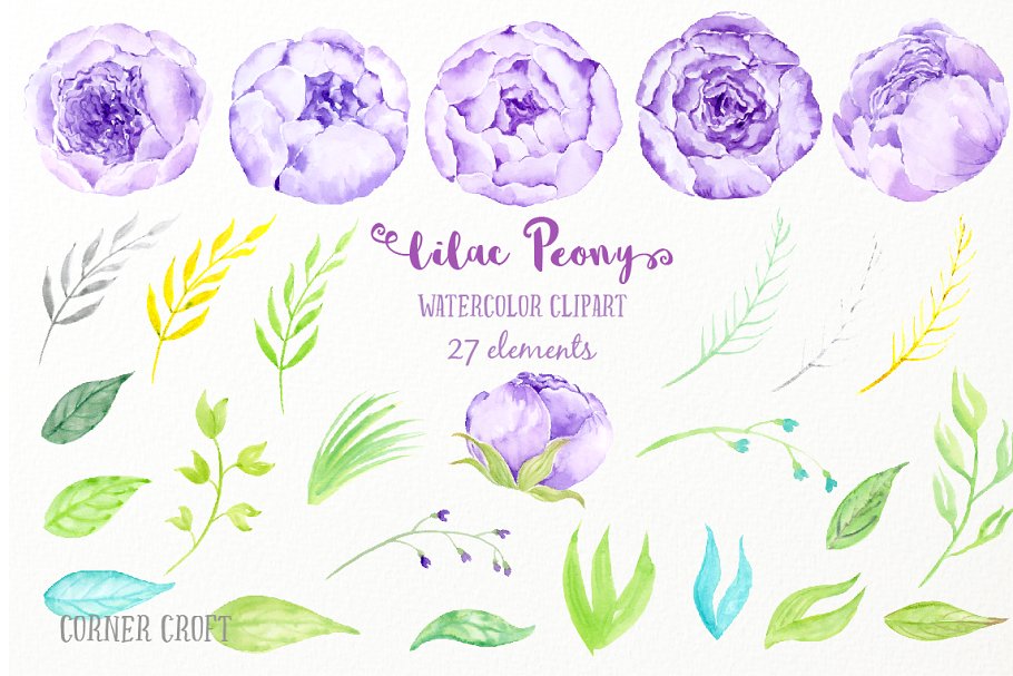 水彩紫丁香花束素材 Watercolor Lilac Peony Bouquet插图(1)