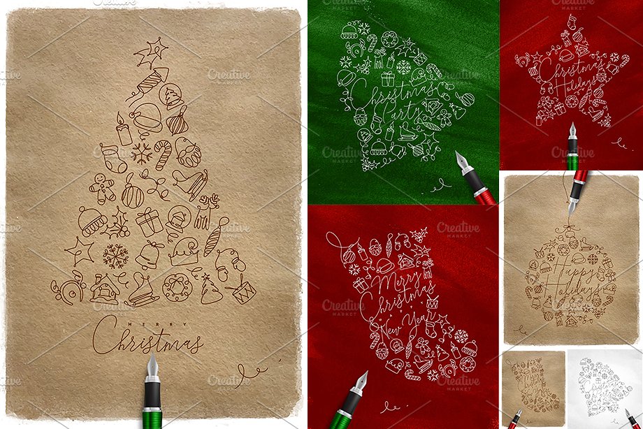 圣诞节节日主题设计插画素材合集 Christmas Holidays One Line插图(11)