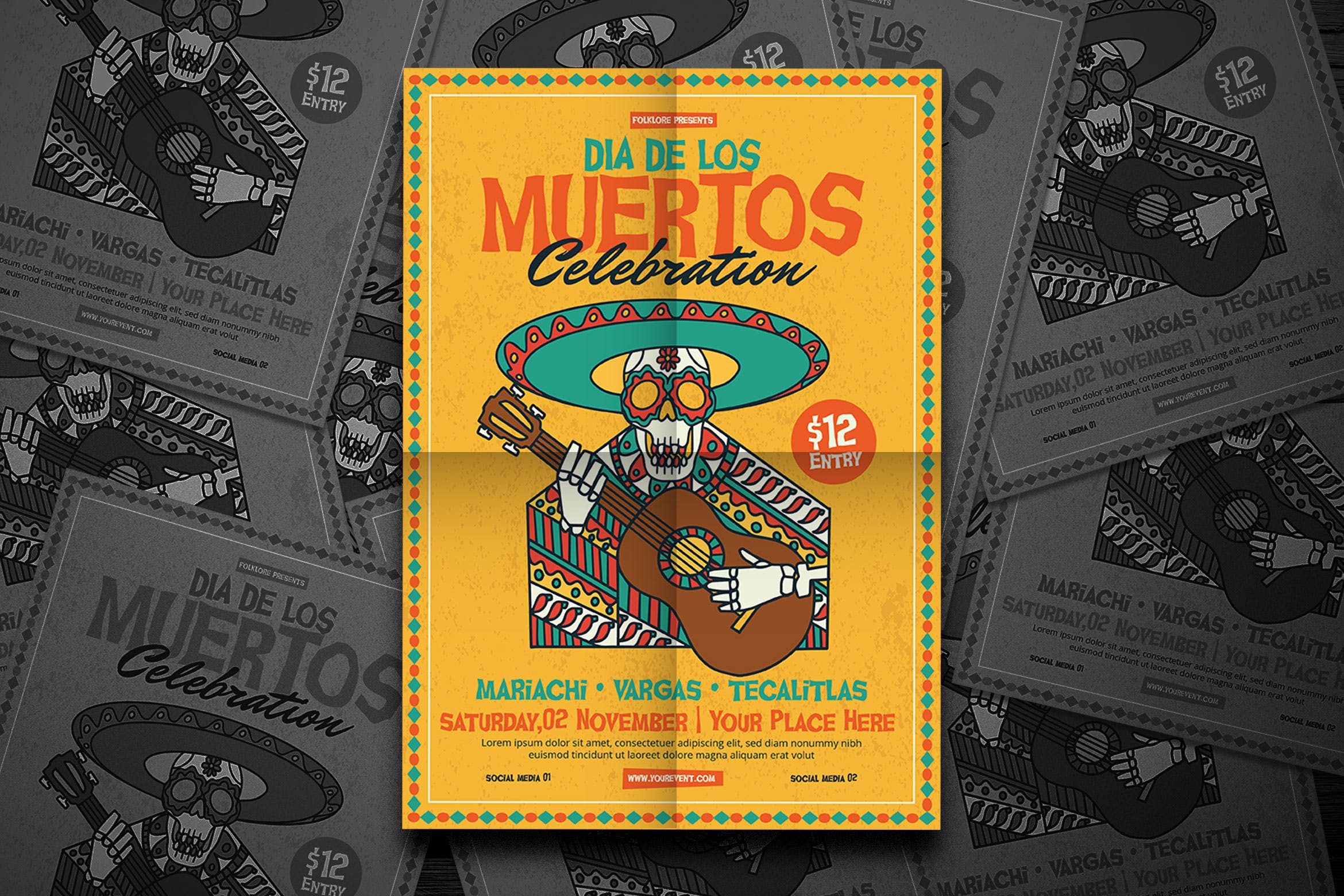 墨西哥亡灵节音乐派对活动海报传单模板 Dia De Los Muertos Celebration插图