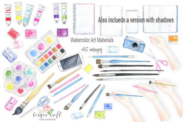 水彩艺术创作场景样机模板 Watercolor art material mockups插图(4)