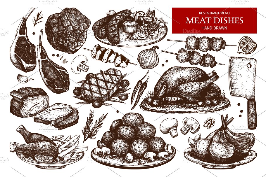 复古风格肉类菜肴设计菜单 Vintage Meat Dishes Design Menu插图(2)