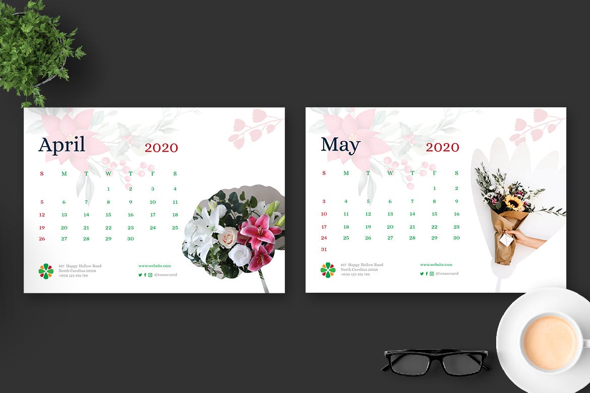 2020年花卉主题翻页台历设计模板 2020 Clean Florist Calendar Pro插图(3)