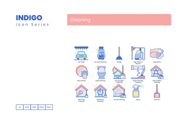 65个靛蓝配色家政清洁服务图标合集 65 Cleaning Icons | Indigo Series插图3
