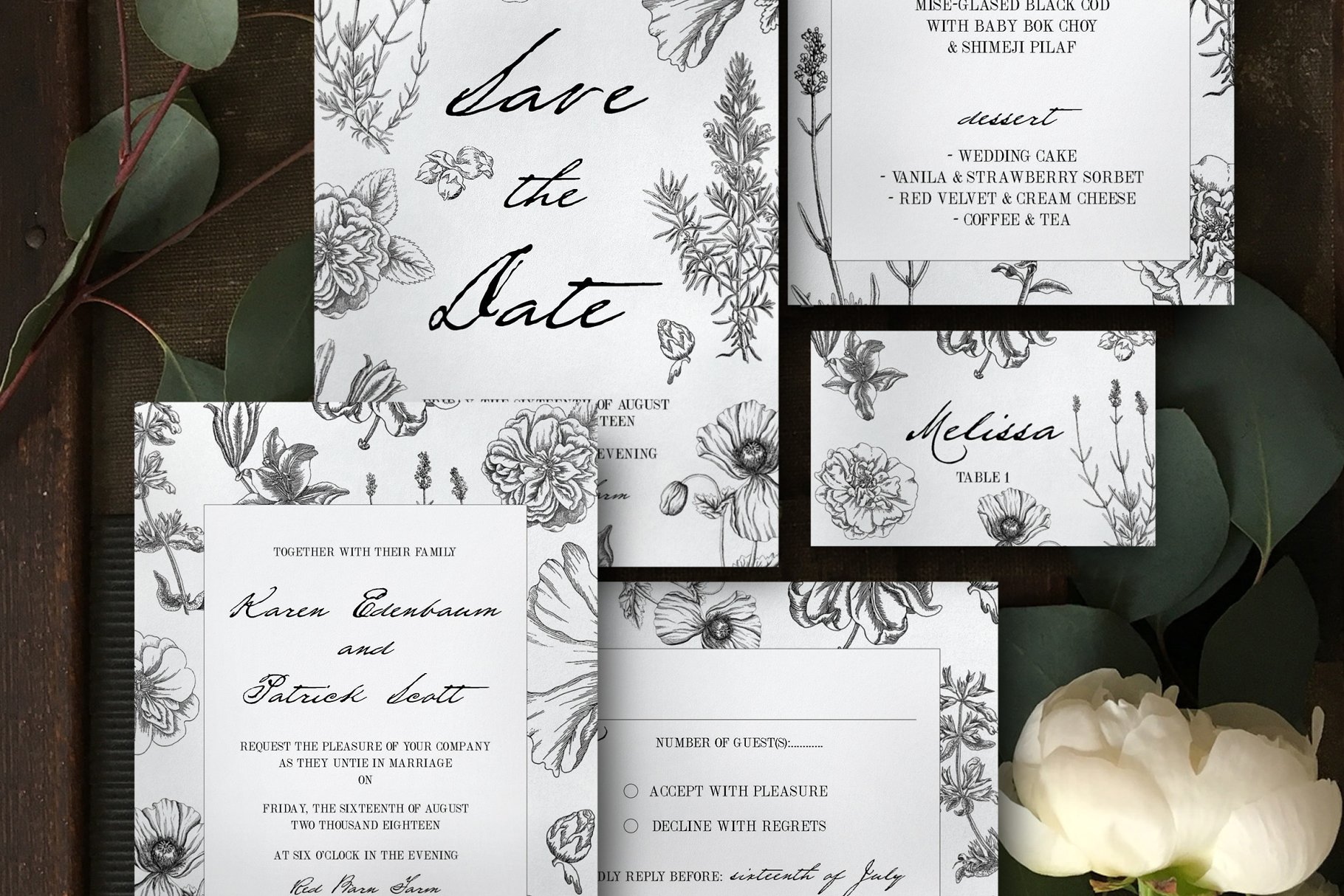 植物装饰婚礼邀请函邀请卡模板 Botanical Wedding Invitation Suite插图4