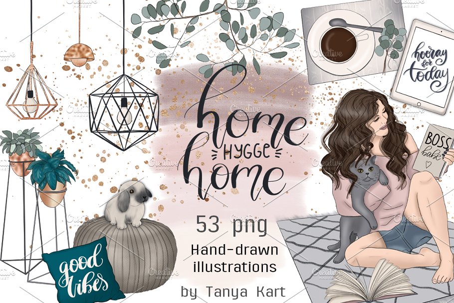 手绘居家元素插画元素 Home Hygge Home Hand Painted Design插图