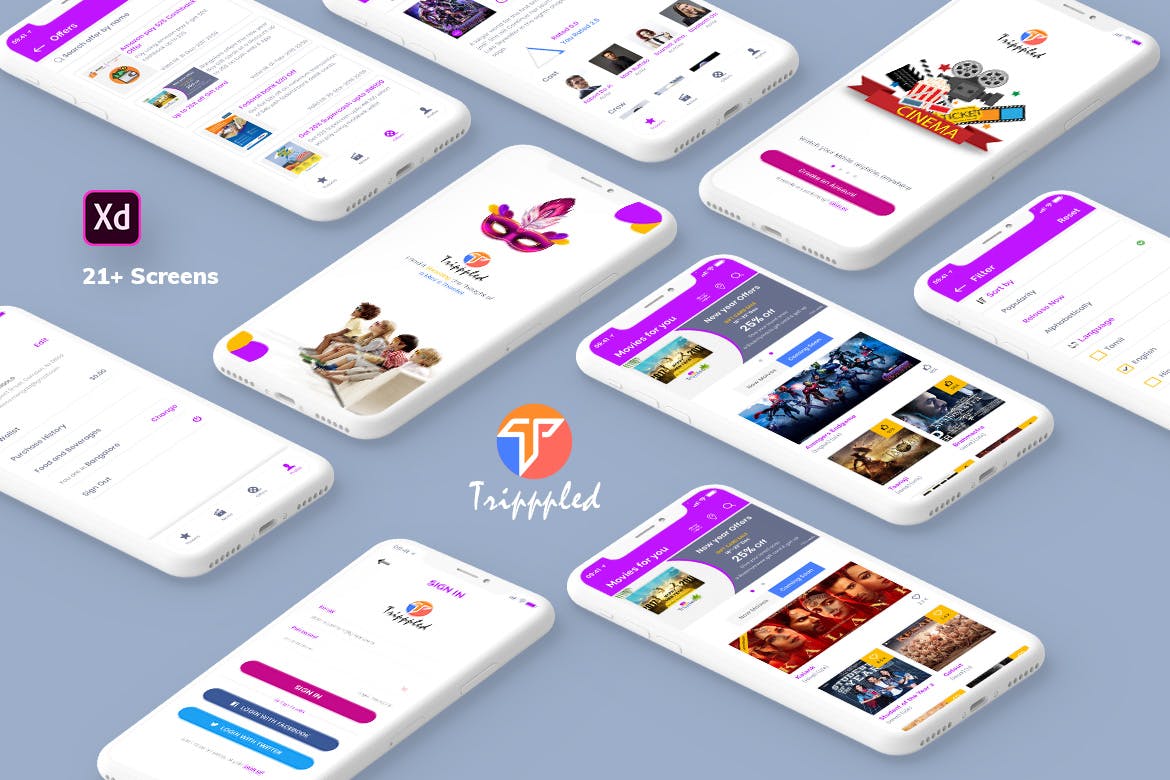 电影预订在线选座APP应用UI界面设计XD模板 Tripppled-Movie Booking Mobile App UI Kit (XD)插图(1)
