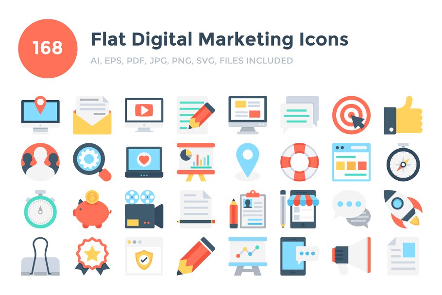 168枚市场营销主题扁平设计图标素材 168 Flat Digital Marketing Icons插图