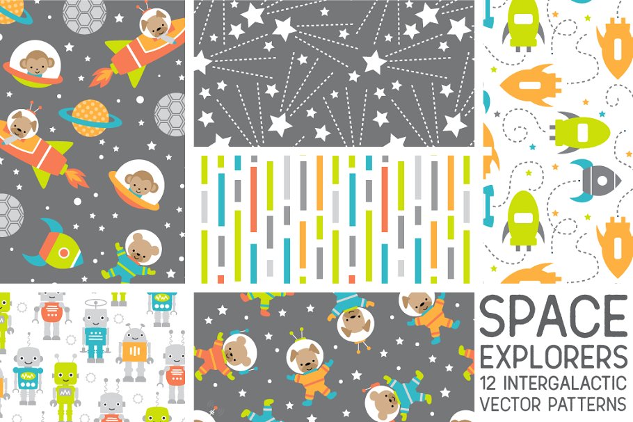 可爱现代太空元素图案纹理素材 Cute Modern Space Explorers Patterns插图