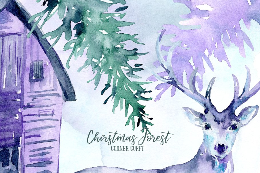 圣诞节奇幻森林水彩插画 Watercolor Christmas Forest插图4
