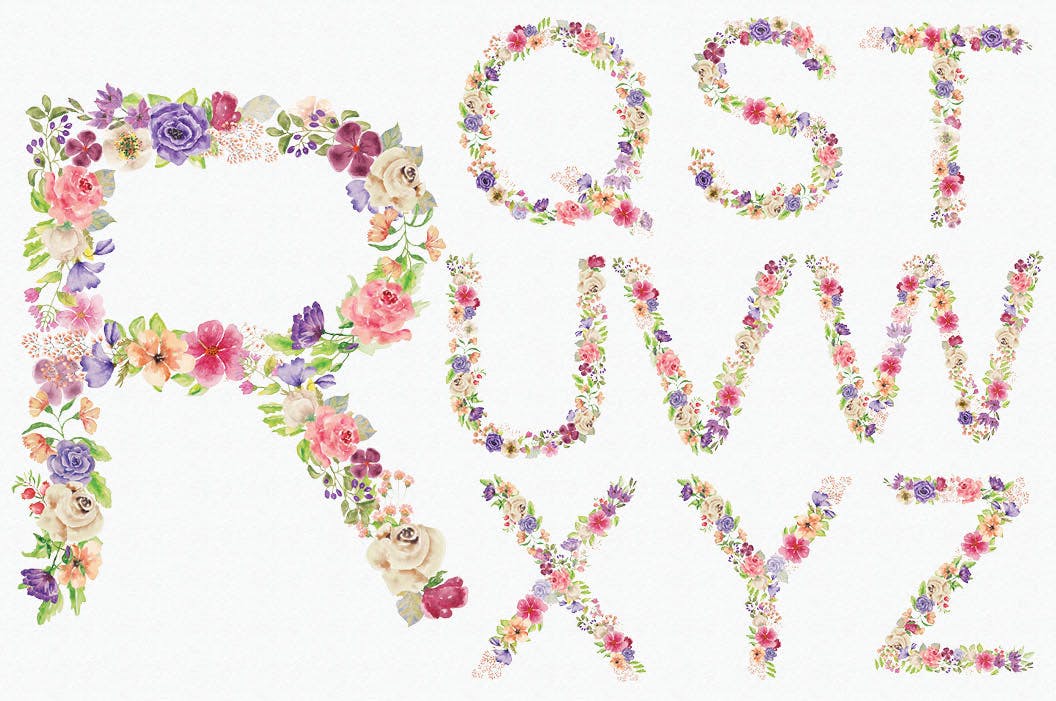 水彩手绘夏季混合花卉字母剪贴画PNG素材 Floral Alphabet: Mixed Summer Blooms插图3
