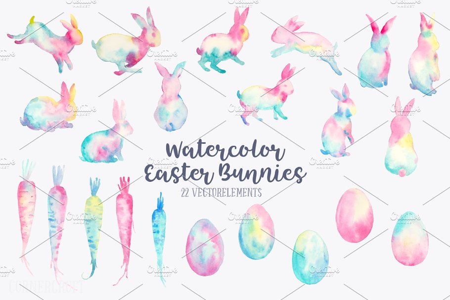 复活节水彩手绘兔子剪贴画合集 Watercolor Abstract Easter Bunny插图1