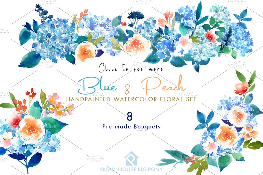 蓝色和桃色-水彩花卉元素套装 Blue & Peach- Watercolor Floral Set插图2