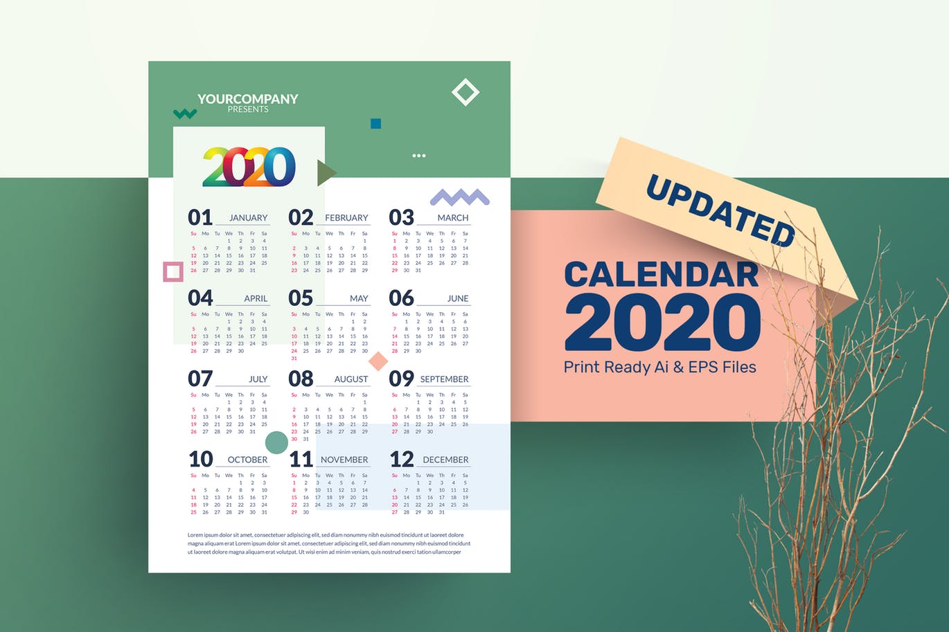2020年简约设计风格年历表日历设计模板 Calendar插图