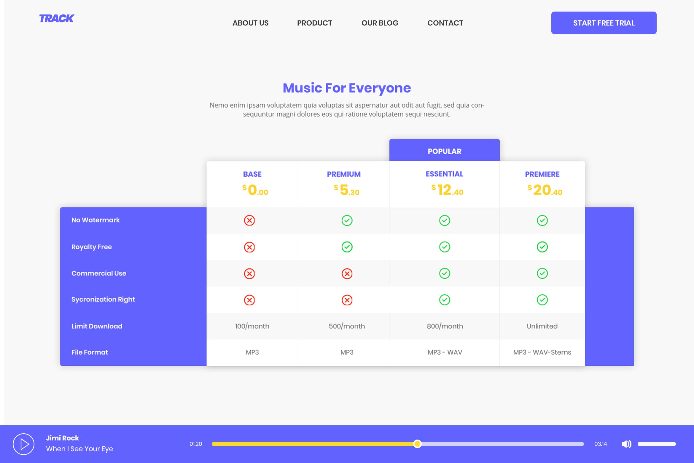 在线音乐下载服务订阅对比价格表单UI设计模板 Pricing Table插图