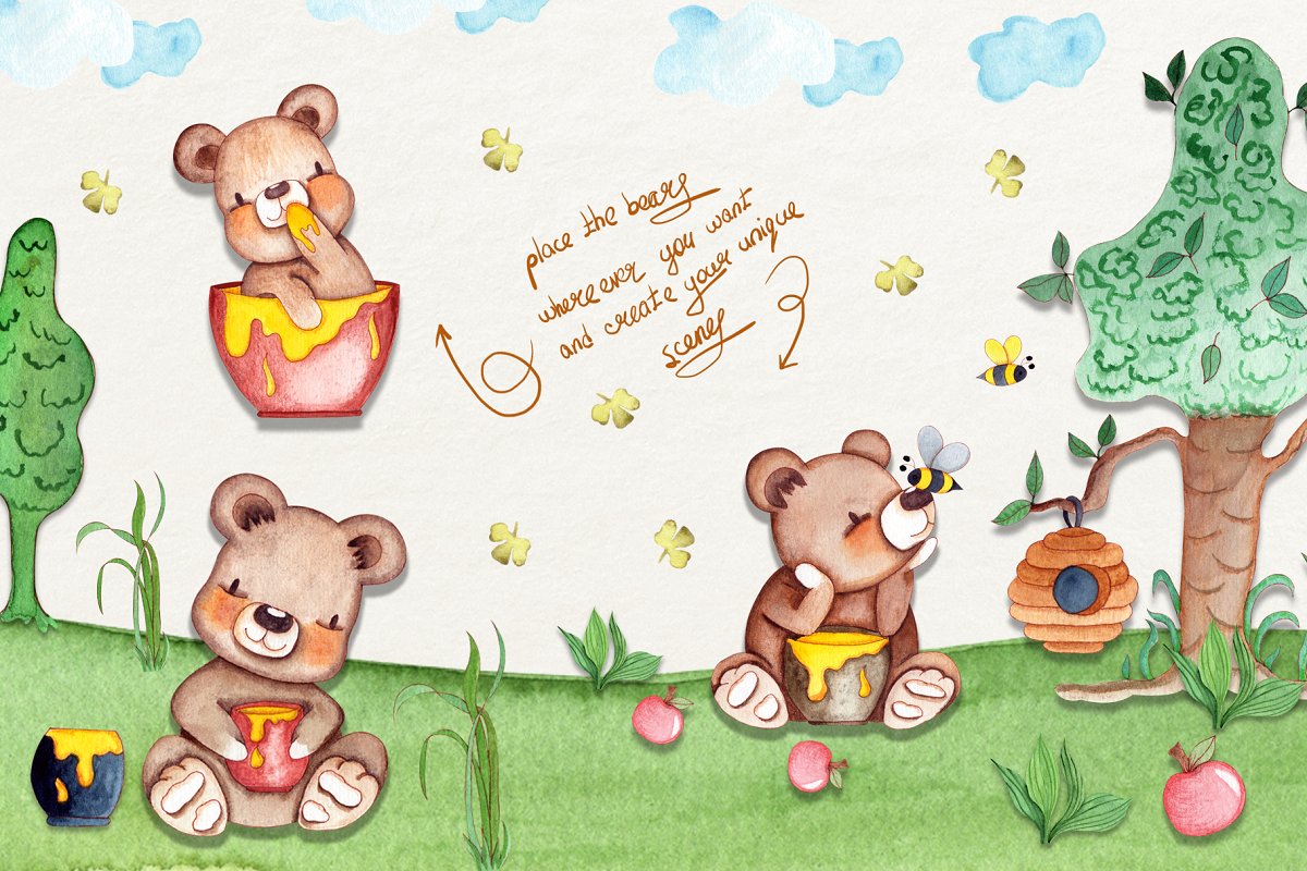 可爱的蜜蜂&熊水彩插画合集插图(6)